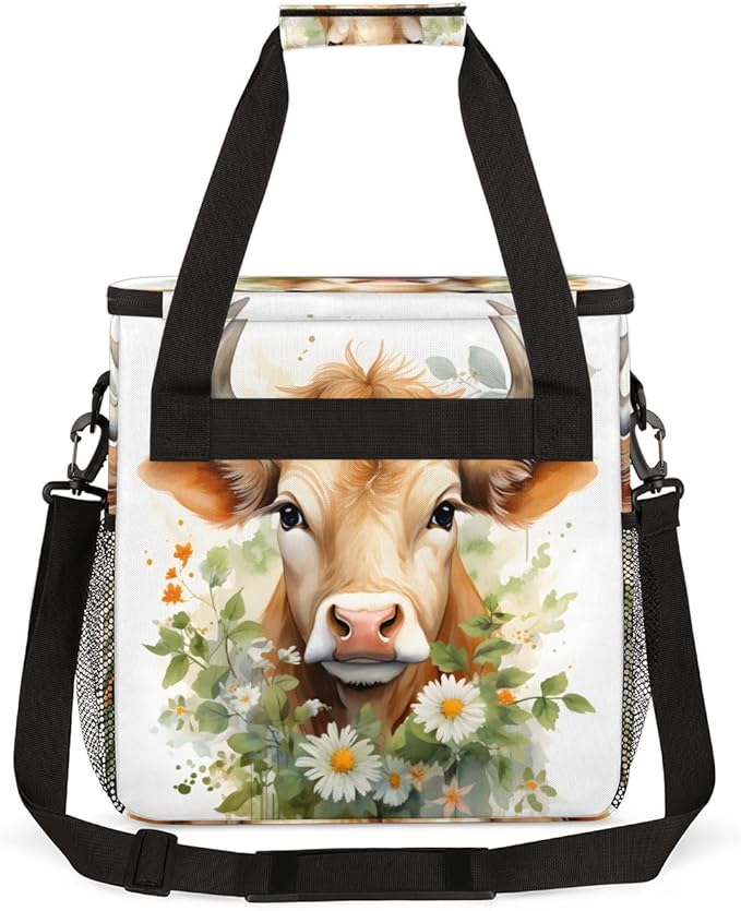 Cattle Cow Coffee Maker Carrying Bag Flowers Garland Travel Storage Bag Compatible with K-Mini or K-Mini Plus Single Serve Coffee Brewer Carrying Case with Multiple Pockets &amp Shoulder Strap