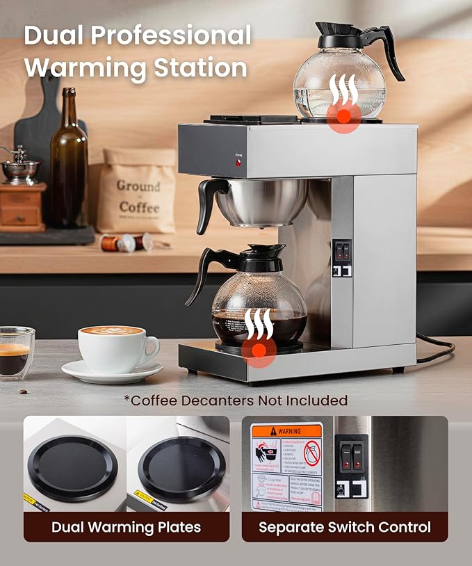 SYBO 12 Cup Coffee Maker Commercial Pour Over Coffee Maker Brewer Industrial Stainless Steel Cafetera with 2 Warmers