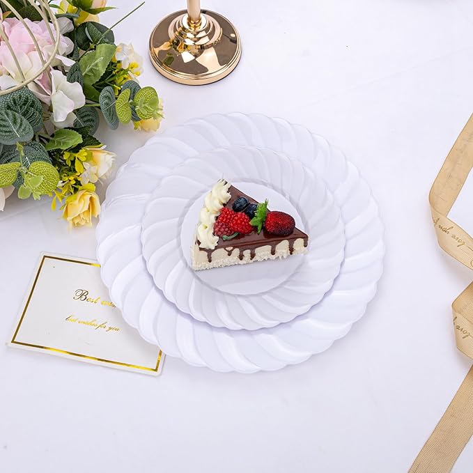 U-QE 100 Pieces White Plastic Plates - Premium White Disposable Plates for Wedding and Party Use Including 50PCS 9 '' Dinner Plate &amp 50PCS 6.5 '' Dessert Plate