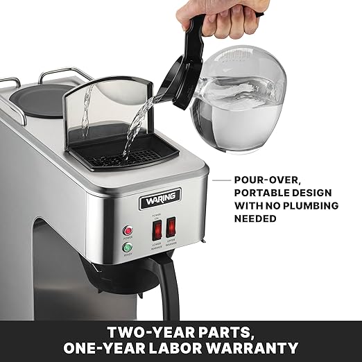 Waring WCM50 Café Deco Pour Over Decanter Coffee Brewer Stainless Steel Construction Two Individually Operated Warmers No Plumbing Required 120V 5-15 Phase PlugSilver
