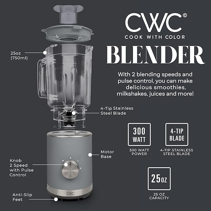 COOK WITH COLOR 300 Watt Blender: Powerful 2-Speed Control with Pulse 4-Tip Stainless Steel Blades 25oz (750ml) Jar and Skid-Resistant Feet Grey