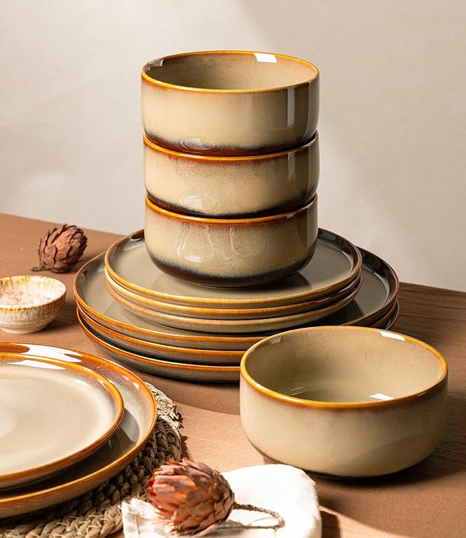 TheTerra Ceramic Dinnerware Sets for 4 12 Pieces Handmade Reactive Glaze Plates and Bowls Set Scratch Resistant Dish Set Oven &amp Microwave &amp Dishwasher Safe Creamy Amber