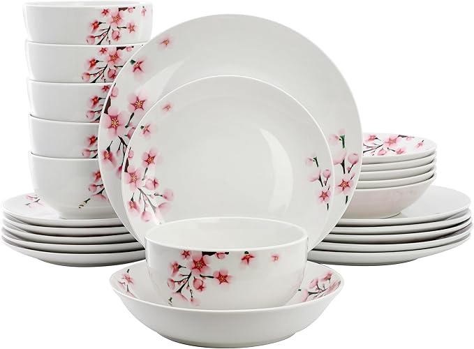 Elama Tamara 24 Piece Cherry Blossom Porcelain Dinnerware Set Service for 6 in White and Pink