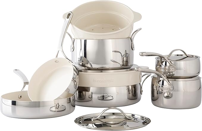 Bloomhouse 12 Piece Triply Stainless Steel Pots and Pans Cookware Set w/Non-Stick Non-Toxic Ceramic Interior Ceramic Steamer Inserts &amp 12 Protective Care Bags