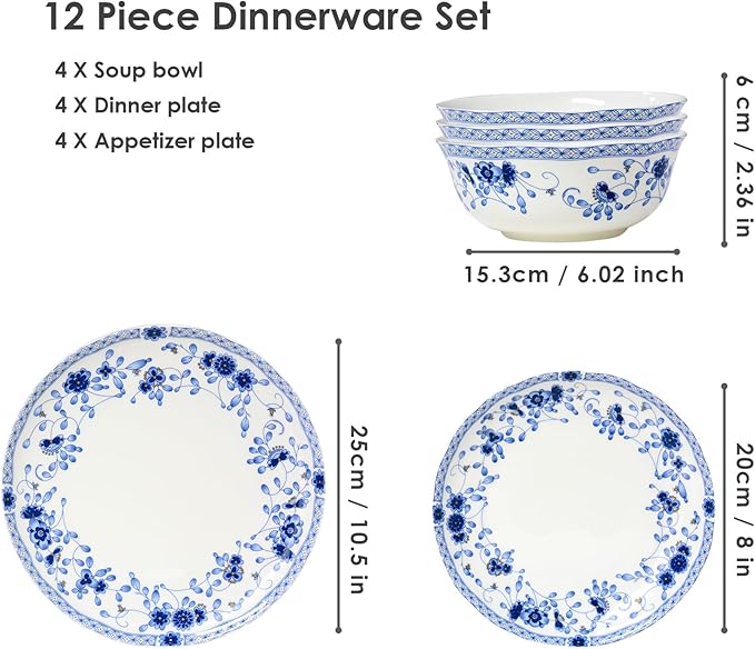Fine Bone China Dinnerware Set 12-Piece Blue and White Porcelain Dinnerware Set Plates and Bowls Sets Service for 4(Blue A)