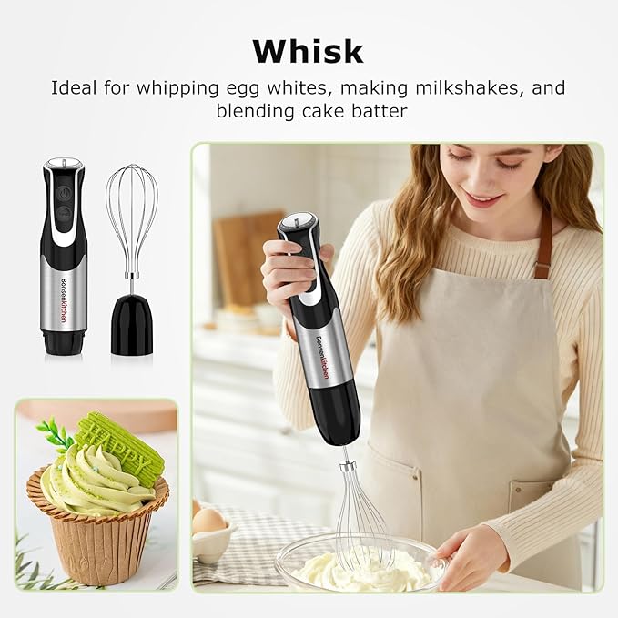 Bonsenkitchen 4-in-1 Immersion Blender Handheld with Food Processor 12 Speeds Hand Blender with Turbo Mode Stainless Steel Blade Egg Whisk Beaker &amp Chopper Bowl Stick Mixer for Smoothie Pure