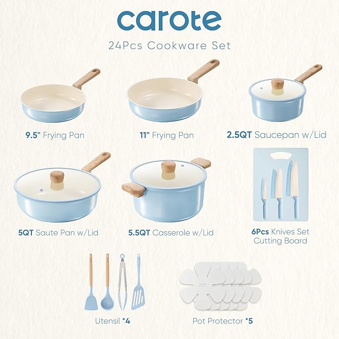 CAROTE 24pcs Ceramic Cookware Set Pots and Pans Non Stick Kitchen Cookware Sets Pots and Pans Set Cooking Set with Knife Set