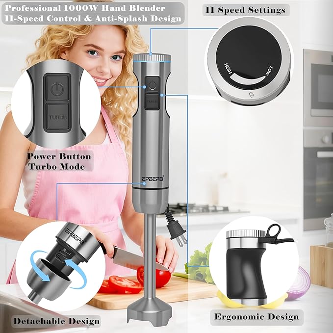 Handheld Immersion Blender Bundle 1000W Powerful 11-in-1 Set for SmoothiesOrange JuicerMinced meatMilk frotherEgg Beater Dough Hook Vegetable Chopper Potato Masher