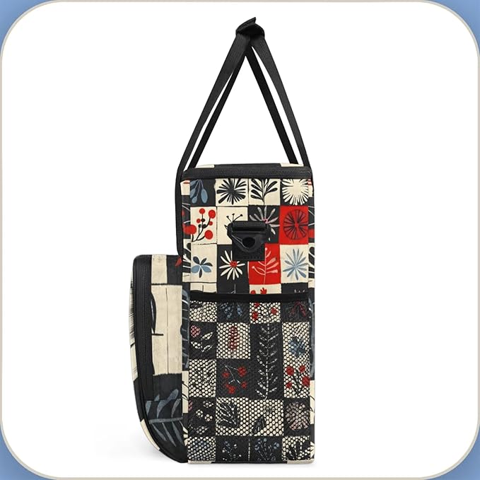 Flowers Leaves Plaids Coffee Maker Travel Bag for Keurig K-Mini/K-Mini Plus Insulated Waterproof Tote with Pockets for K-Cup Portable Single-Serve Brewer Case