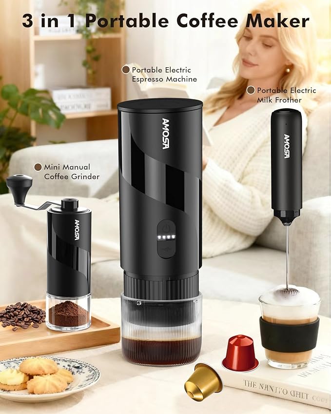 Portable Electric Espresso Machine &amp Manual Coffee Grinder &amp Electric Milk Frother All in 1 Mini Travel Coffee Maker Set for Camping Car RV Hiking Office Home Ground Coffee &amp NS Caps