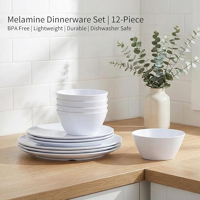 Melamine Dinnerware Set - 12pcs Plates and Bowls for 4Durable Melamine Dishes Set for Everyday Use Lightweight &amp Dishwasher SafeWhite