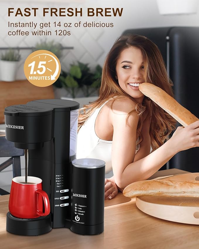 3IN1 Single Serve Coffee Maker with Milk Frother Small Coffee Machine for K Cup &amp Ground 6-14oz Brew Size 28oz Water Tank Adjustable Drip Tray