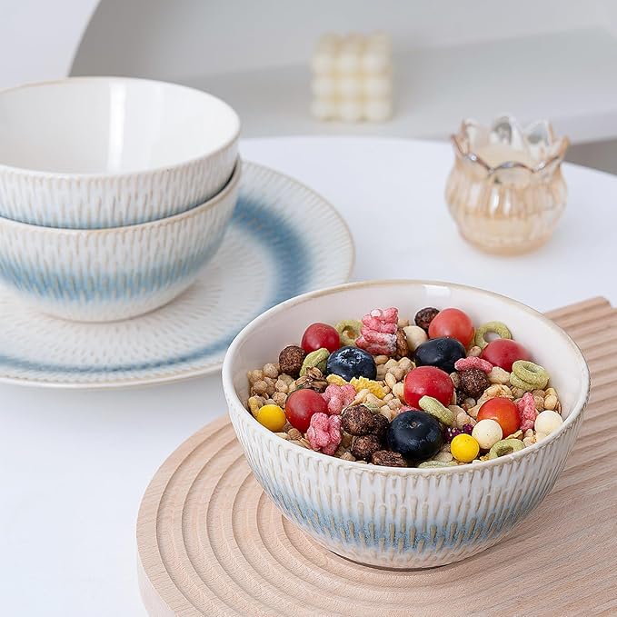 12 Pieces Ceramic Dinnerware Sets Handmade Reactive Glaze Plates and Bowls Sets Stoneware Set Dishwasher &amp Microwave Safe Dishes set Blue Relievo