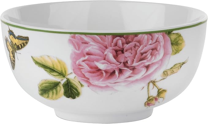 Portmeirion Home Roses 16 Piece Set - Delicate Pink Rose &amp Butterfly Pattern Dishwasher Safe Porcelain Dinnerware for Garden Parties Bridal Showers Tea Time &amp Family Gatherings - 10.5 Plat
