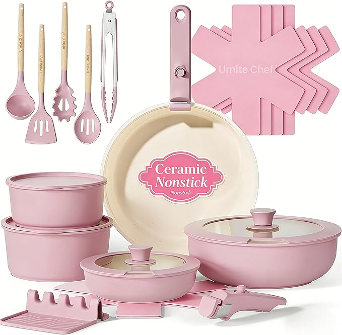 Umite Chef Pots and Pans Set Non Stick 21 pcs Nonstick Ceramic Cookware Set RV Kitchen Cooking Set with Detachable Handles Oven Safe Induction Cookware Stackable Pink PFAS PFOA &amp PTFE Free