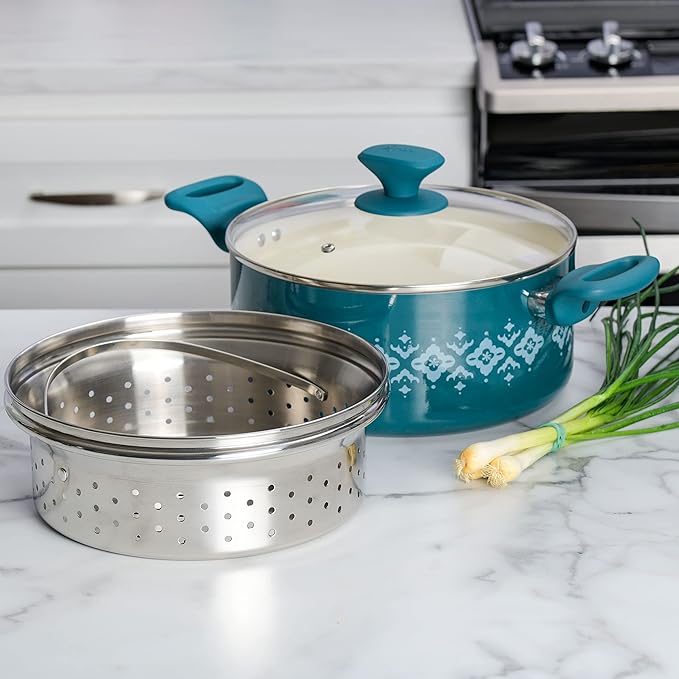 Spice by Tia Mowry Savory Saffron 5 QT Healthy Nonstick Ceramic Dutch Oven W/ Stainless Steel Steamer Insert and Lid - Teal