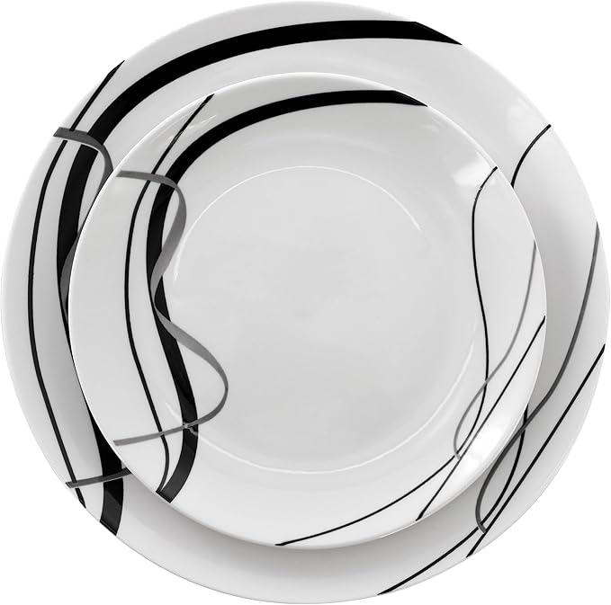 Elama Sarah 18 Piece Porcelain Ribbon Lined Dinnerware Set Service for 6 in White and Black