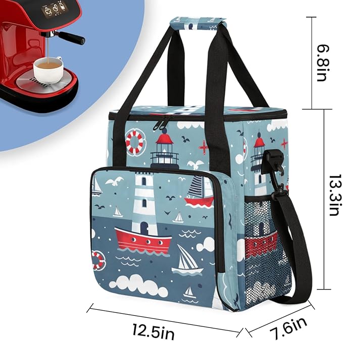 Cartoon Lighthouse Ship Coffee Maker Travel Bag for Keurig K-Mini/K-Mini Plus Insulated Waterproof Tote with Pockets for K-Cup Portable Single-Serve Brewer Case