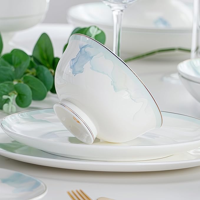 60 Pcs Fine Bone China Dinnerware Set Porcelain&ampCeramic Dinnerware SetsBone Stoneware&ampCeramic Cookware Tableware Set Includes Dinner Plates|Spoons|Pasta Bowls|Soup Pot|Chopsticks