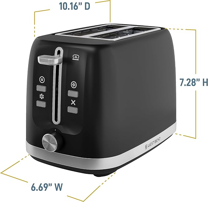 West Bend Toaster 2-Slice Extra-Wide and Deep Slots with 3 Functions and 7 Shade Settings Manual Toast Lift Lever Auto Shut-Off and Removable Crumb Tray 750-Watts Black