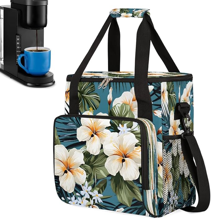White Flowers Coffee Maker Carring Bag Travel Carrying Storage Tote Bag Compatible with Keurig K-Mini or K-Mini Plus Portable Single Serve Coffee Brewer Case with Pockets for K-cup Pods