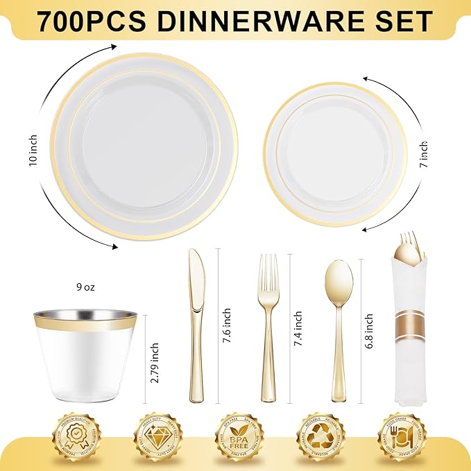 BESTVIP 700PCS Clear Gold Plastic Dinnerware Set for 100 Guests Disposable Party Plate for Christmas and New Year Include: 200 Plastic Plates 100 Pre Rolled Napkins with Silverware 100 Cups