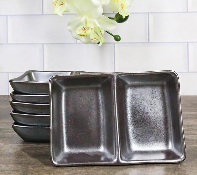 Ebros Gift Iron Black Clay Underglaze Technique Tetsu Kesho Porcelain Dinnerware Kitchen Set Asian Japanese Restaurant Supply (Pack Of 6 Dual Compartment Rectangle Sauce Dishes)