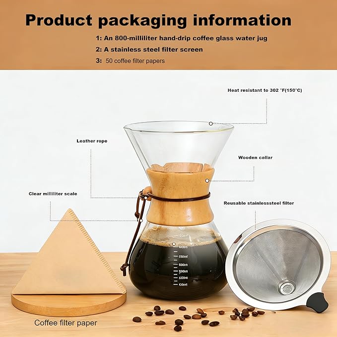 CXY 27oz Pour Over Coffee Maker 8-Cup Borosilicate Glass Drip Coffee Maker with Reusable Stainless Steel Filter Pour Over Coffee Dripper with Wooden Handle Coffee Maker for Home Office Camping