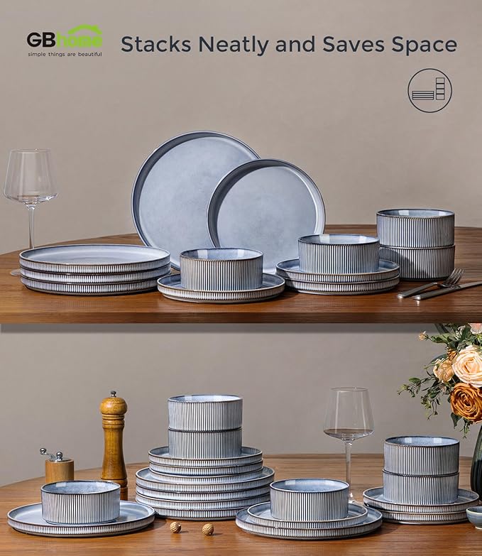 GBHOME 12-Piece Stoneware Dinnerware Set for 4 – Ribbed Ceramic Plates and Bowls Scratch-Resistant Microwave &amp Dishwasher Safe Reactive Glaze Deep Tidal Blue