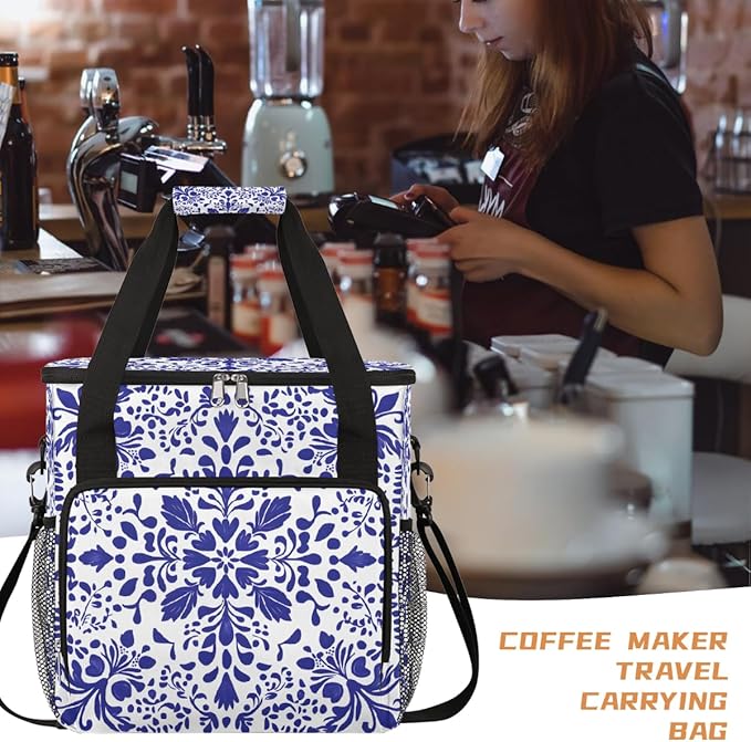 Talavera Mexican Style Coffee Maker Carring Bag Travel Carrying Storage Tote Bag Compatible with Keurig K-Mini or K-Mini Plus Portable Single Serve Coffee Brewer Case with Pockets for K-cup Pods