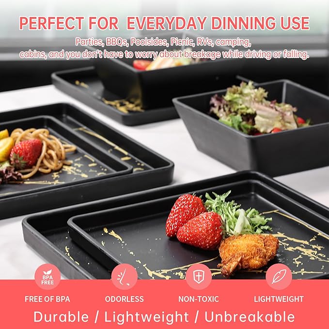 Melamine Dinnerware Sets - 12pcs Square Plates and Bowls Sets For 4 Indoor Outdoor Use Dishwasher Safe Black &amp Gold