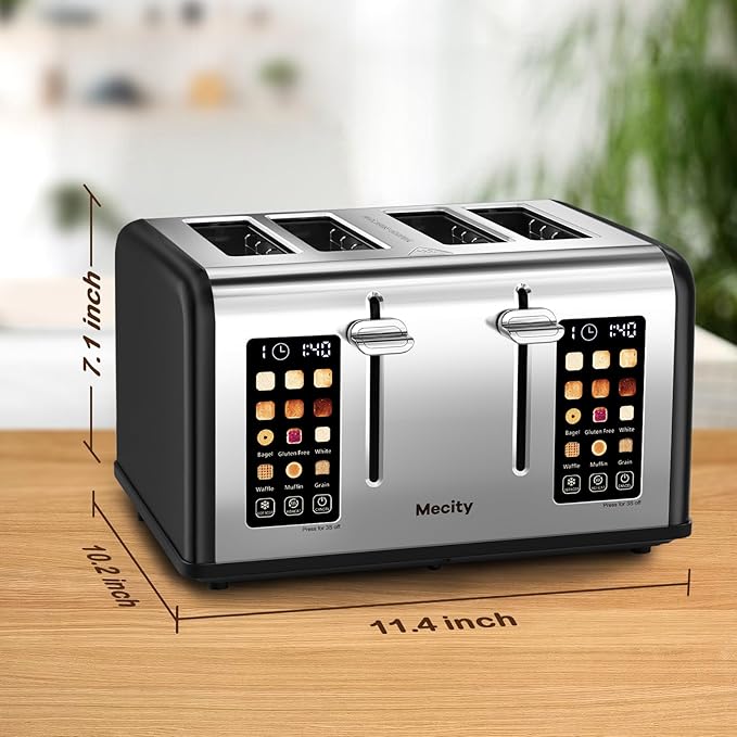 Mecity 4 Slice Toaster with Touch Screen Control 4 Wide Slots Stainless Steel Smart Bread Toaster for Bagels Muffins Waffles Dual Control Panel Timer Defrost Reheat 120V 1650W Matt Black