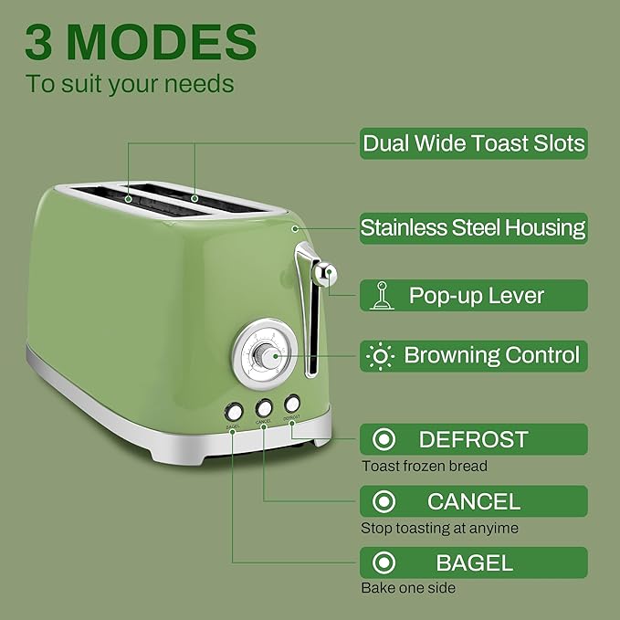 SUSTEAS Toaster 4 Slice Wide Slot Stainless Steel Bread Bagel Toasters Retro Long Slot Tostadora for Defrost Reheat Removable Crumb Tray 1500W 6 Browning Settings Green