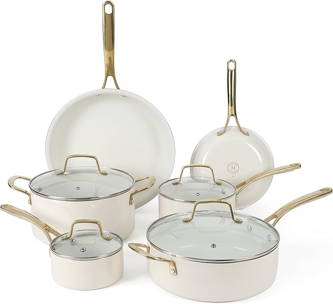 Martha Stewart Lockton Premium Nonstick PFA Free Ceramic Interior 10 Piece Heavy Gauge Enamel Aluminum Pots and Pans Cookware Set - Linen White w/Gold Handle &amp Gatwick 7 QT Enamel Cast Iron Dutch