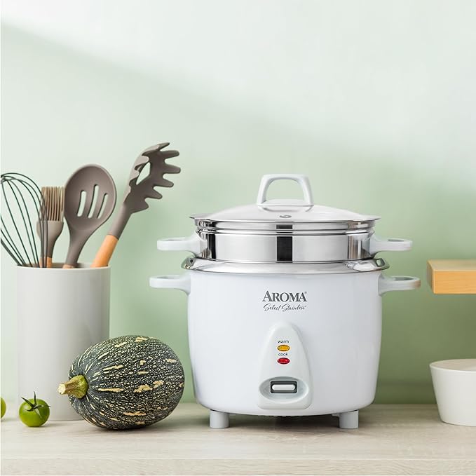 Aroma Housewares 14-Cup (Cooked) / 3Qt. Select Stainless Pot-Style Rice Cooker &amp Food Steamer One-Touch Operation Automatic Keep Warm Mode White (ARC-757-1SG)