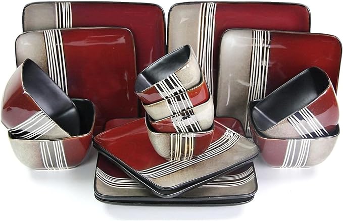 16-Piece Modern Stoneware Dinnerware Set with Double Bowl Design – Service for 4 Contemporary Color Block Plates &amp Bowls (Red)