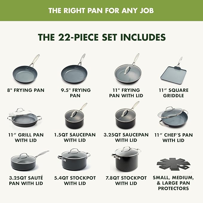 GreenPan Valencia Pro Ceramic Nonstick 22 Piece Cookware Set Hard Anodized PFAS-Free Pots &amp Pans Induction Ready Compatible on All Cooktops Dishwasher Safe Oven Safe to 600F Gray