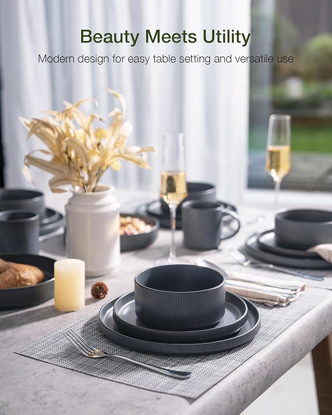 Famiware Star Plates and Bowls Sets Modern Stoneware Dinnerware Sets for 8 24-Piece Kitchen Dish Set - Microwave and Dishwasher Safe Chip and Scratch Resistant Matte Dark Charcoal