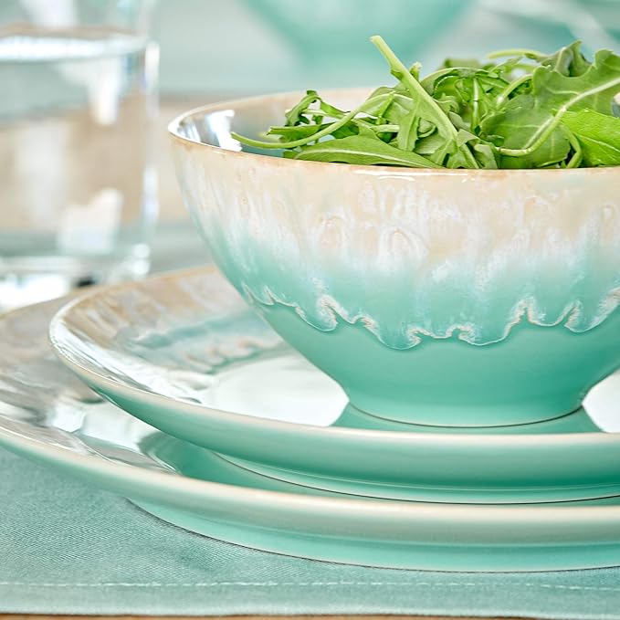 Casafina Ceramic Stoneware 5-Piece Place Setting Service for 1 - Taormina Collection Aqua | Microwave &amp Dishwasher Safe Dinnerware Set | Food Safe Glazing | Restaurant Quality Tableware