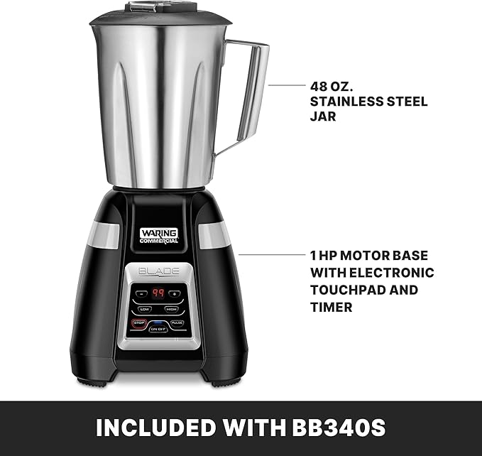 Waring Commercial BB340 Blade 1 HP Blender 2-Speed Key Pad with Pulse and 99 Second Countdown Timer  48 oz Stainless Steel Container 120V 5-15 Phase Plug