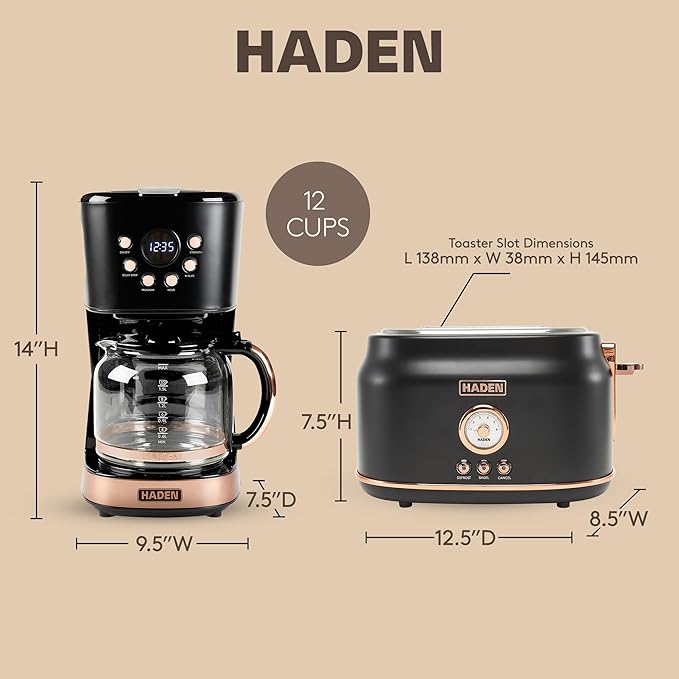 Haden Dorset 2 Slice Wide Slot Stainless Steel Toaster Bundled with 12 Cup Programmable Drip Coffee Maker Coffee Machine Black &amp Copper