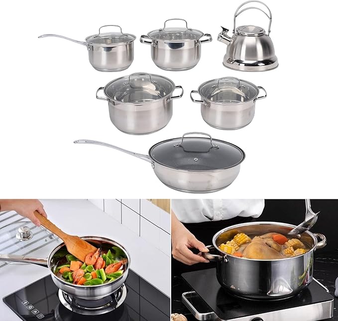 13 Piece Stainless Steel Cookware Set Pots and Pans Set with Glass Lids Complete Kitchen Cooking for Frying Boiling Soup Making