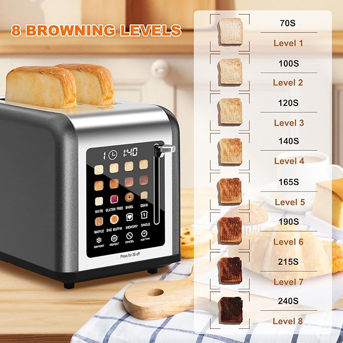 2 Slice Toaster Touch Screen Stainless Steel Toasters Digital Timer 2 Slot Toasters 8 Shade Settings 6 Bread Types for Bagel Cancel Defrost (Grey)