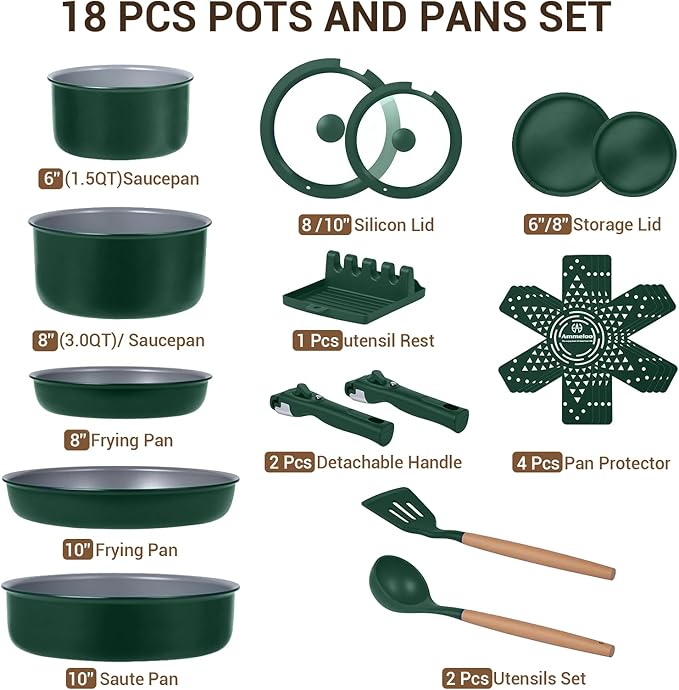 Ammeloo 18-Piece Ceramic Pots and Pans Set Non Stick Non Toxic Cookware Set with Removable Handles Pot Sets for Cooking Induction Ready Dishwasher &amp Oven Safe PFAS PFOA &amp PTFE Free (Hunte
