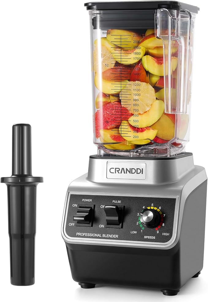 CRANDDI Professional Commercial Blender Max 1500W 80oz Pitcher Powerful Blender with Tamper for Smoothie Ice Crushing Variable 9 Speeds Control110V K96 Black