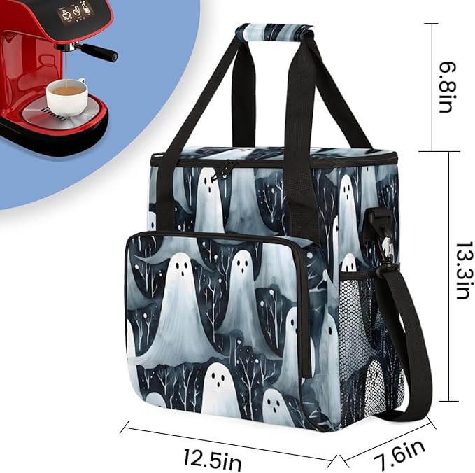 Halloween Ghosts Coffee Maker Carrying Bag Modern Ghosts Travel Storage Bag Compatible with K-Mini or K-Mini Plus Single Serve Coffee Brewer Carrying Case with Multiple Pockets &amp Shoulder Strap
