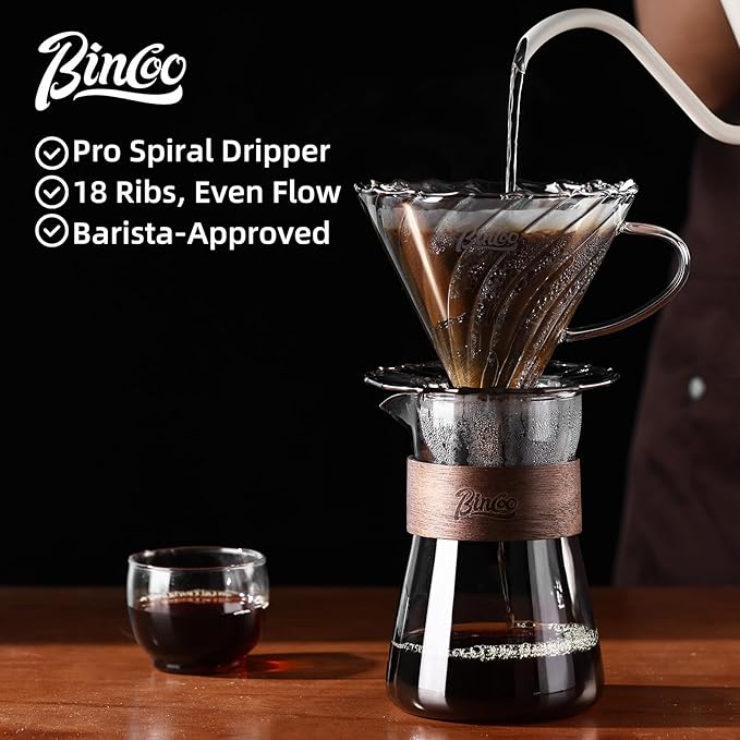 Bincoo Pour Over Coffee Dripper Set V-shape 60° Cone Drip Coffee Maker Included Borosilicate Glass Carafer and Coffee Dripper &amp 50 Pcs Size 02 Paper Filter 16oz(500ml) (Smoky Gray Set)