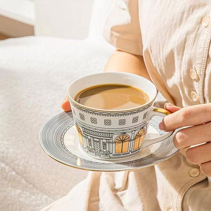 gold trim dinnerware set service for 4 16 pieces bone china dishes sets luxury european architectural plate set for anniversary opening Mother's Day present