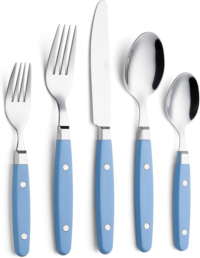 ANNOVA Silverware Set Retro/Rivet Colorful Stainless Steel Tableware Kitchen Flatware Set Utensils Includes Dinner Knives Forks Spoons Salad Forks &amp Dessert Spoons (Light Blue 20 Pieces)