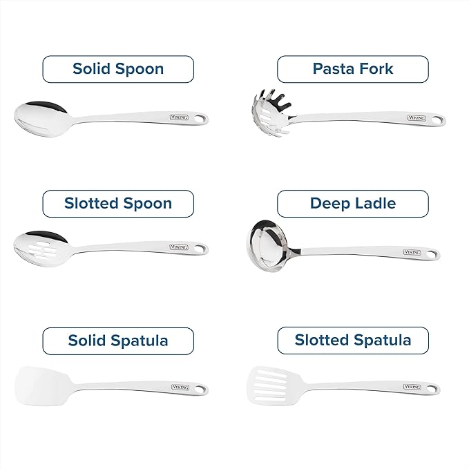 Viking Kitchen Utensils Set 6 Piece Stainless Steel Cooking Utensil Set Includes Spatulas Spoons Pasta Fork and Deep Ladle Hollow Forged Silver